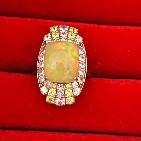 10K Rose Gold Ethiopian Pink Opal with Multi Sapphire Ring Sz 6 - Picture 3 of 8